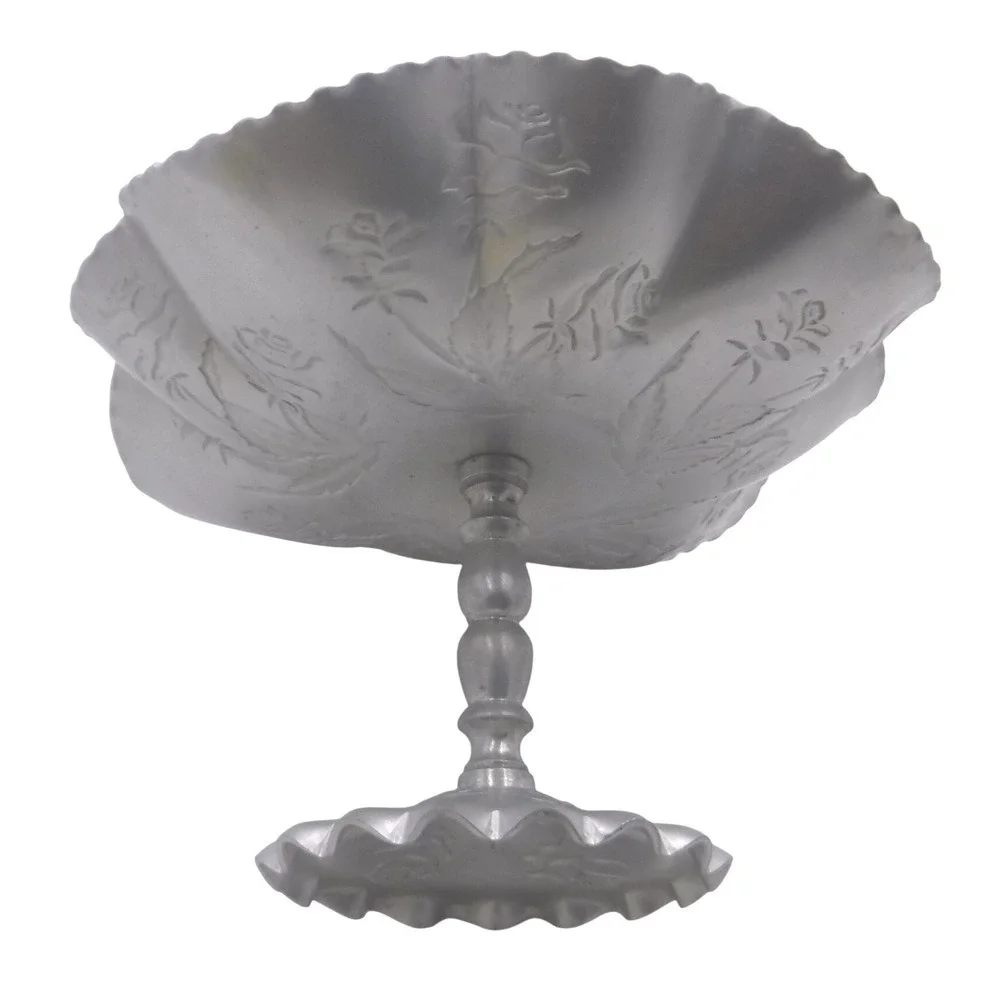 Vtg Hammered Aluminum Pedestal Candy Dish Embossed Rose‎ Floral Scalloped Bowl